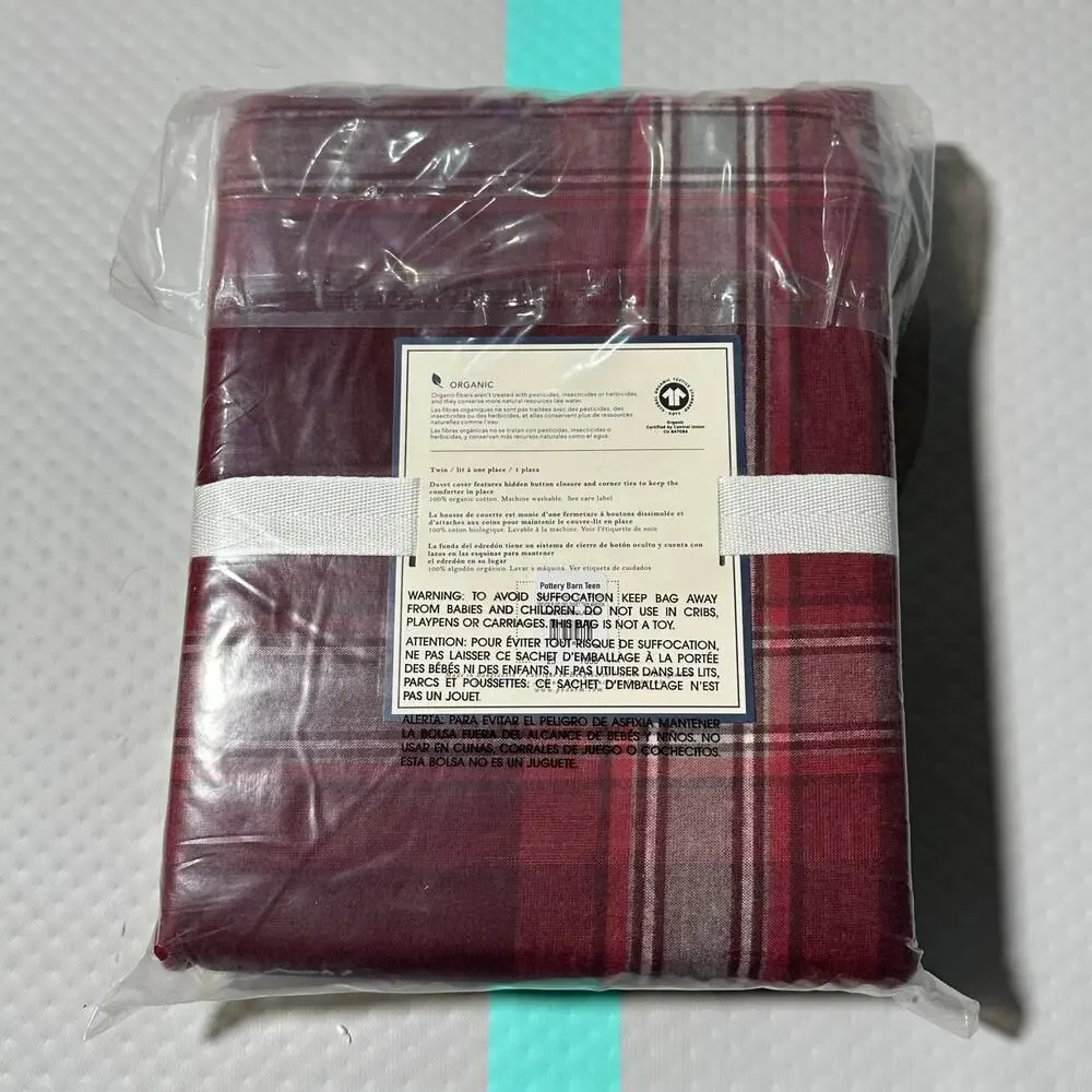Pottery Barn‎ Dorm PB Trevor Plaid Organic Duvet Cover Twin Red New